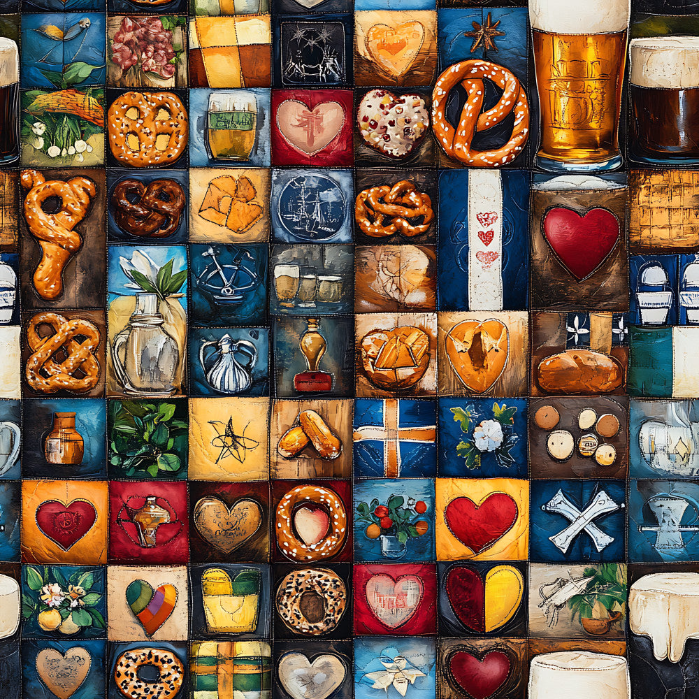 bavarian, beer, bread, burnt orange, cream, cross, dark blue, farmhouse, floral, food, gold, heart, hearts, kitchen, navy blue, pretzel, red, rustic, traditional, vintage, white, wine