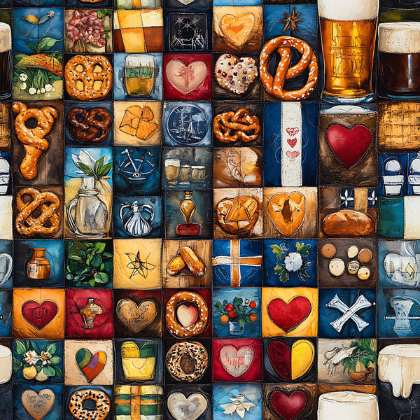 bavarian, beer, bread, burnt orange, cream, cross, dark blue, farmhouse, floral, food, gold, heart, hearts, kitchen, navy blue, pretzel, red, rustic, traditional, vintage, white, wine