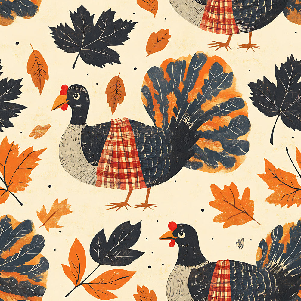 autumn turkeys, fall harvest, thanksgiving, cream background, navy blue, burnt orange, red plaid, woodland animals, farmhouse style, rustic, whimsical, nature theme, fall leaves, oak leaves, maple leaves, feathered birds, poultry, plaid accents, autumn colors, seasonal, kids decor, playroom, folk art style, traditional, cozy aesthetic, harvest time, autumn animals, dark blue leaves