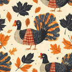 autumn turkeys, fall harvest, thanksgiving, cream background, navy blue, burnt orange, red plaid, woodland animals, farmhouse style, rustic, whimsical, nature theme, fall leaves, oak leaves, maple leaves, feathered birds, poultry, plaid accents, autumn colors, seasonal, kids decor, playroom, folk art style, traditional, cozy aesthetic, harvest time, autumn animals, dark blue leaves
