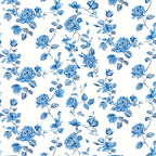 blue roses, white background, floral pattern, vintage style, botanical design, rose blooms, leafy vines, repeating motif,, fabric panel, delicate flowers, romantic florals, cottage core, farmhouse aesthetic, watercolor effect, climbing roses, garden flowers, soft blue tones, nature inspired, crafting material