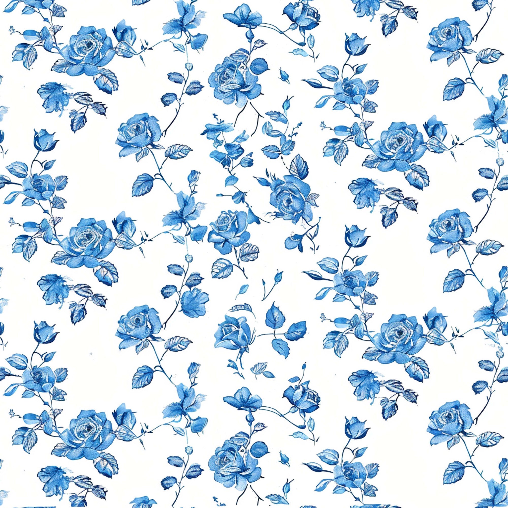 blue roses, white background, floral pattern, vintage style, botanical design, rose blooms, leafy vines, repeating motif,, fabric panel, delicate flowers, romantic florals, cottage core, farmhouse aesthetic, watercolor effect, climbing roses, garden flowers, soft blue tones, nature inspired, crafting material