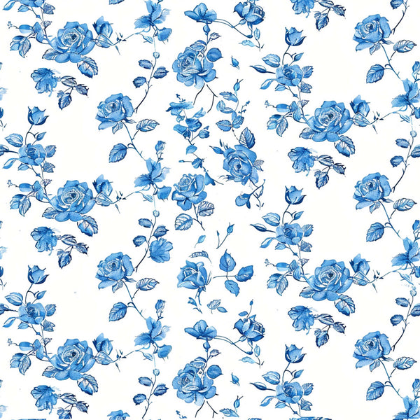 blue roses, white background, floral pattern, vintage style, botanical design, rose blooms, leafy vines, repeating motif,, fabric panel, delicate flowers, romantic florals, cottage core, farmhouse aesthetic, watercolor effect, climbing roses, garden flowers, soft blue tones, nature inspired, crafting material