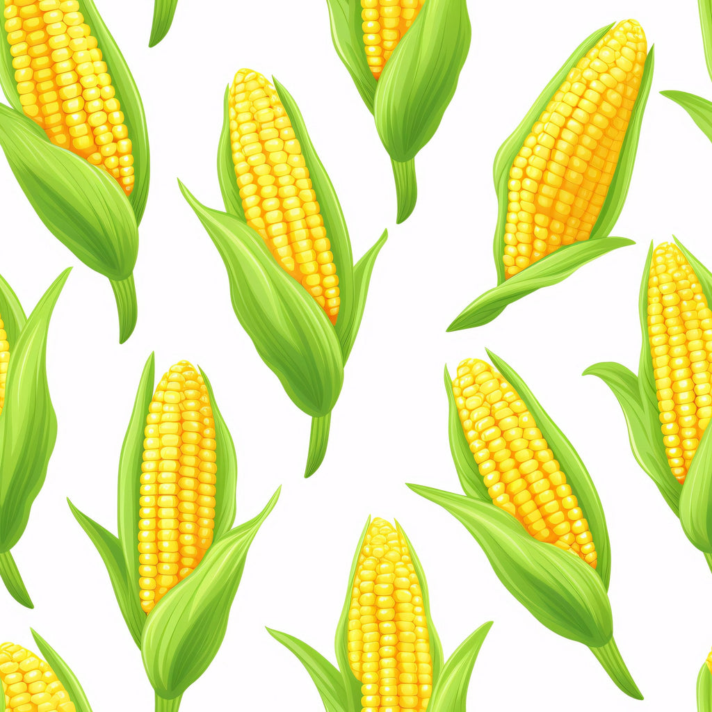 yellow, golden yellow, bright green, lime green, corn cobs, corn ears, sweet corn, vegetable pattern, food motif, harvest theme, farm fresh, agricultural design, summer produce, repeating pattern, scattered layout,, fabric panel, botanical illustration, realistic style, kitchen theme