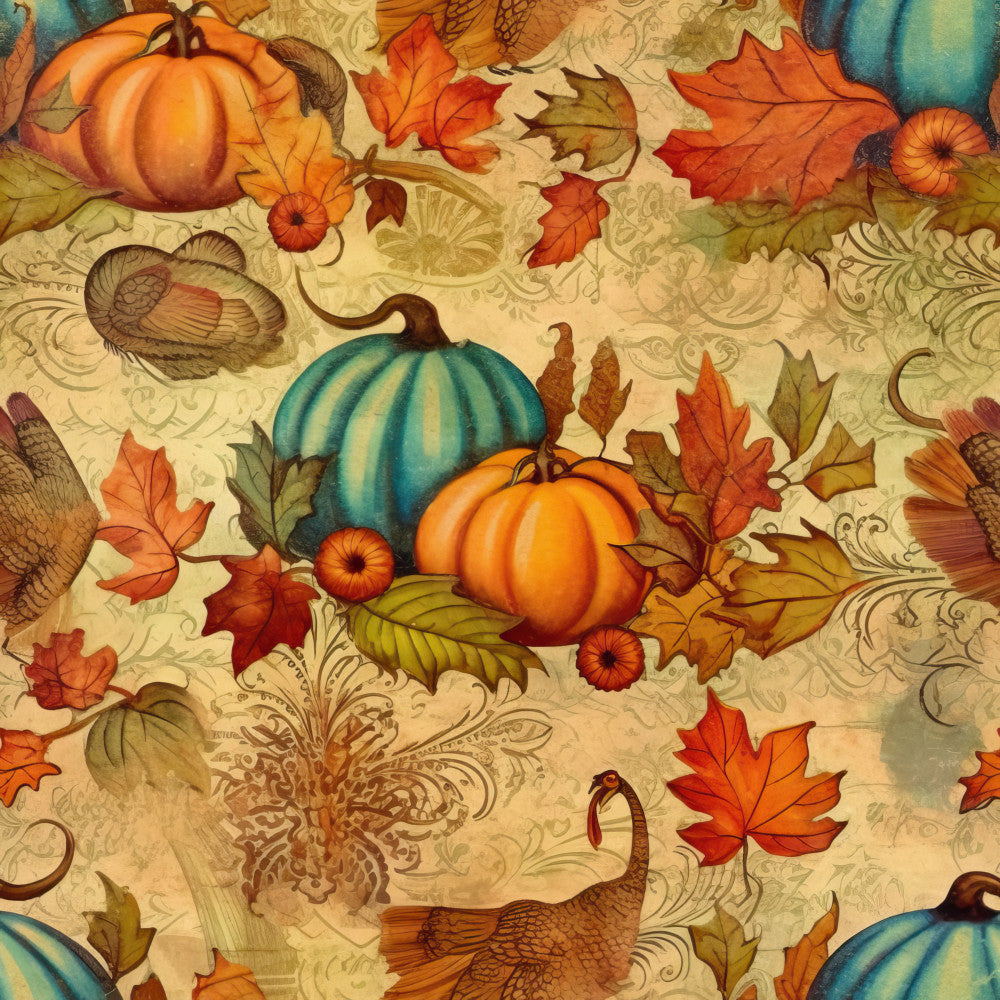 autumn harvest, fall leaves, pumpkins, turquoise, orange, golden yellow, sage green, burnt orange, cream, vintage, whimsical, thanksgiving, seasonal, nature, botanical, turkeys, fall foliage, decorative swirls, ornamental, rustic, traditional, festive, harvest theme, woodland, maple leaves, small flowers, damask pattern, warm tones, home decor, farmhouse style