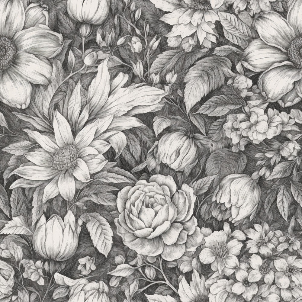 black and white, grayscale, monochrome, floral, botanical, roses, peonies, dahlias, sunflowers, tulips, nature, garden, vintage, elegant, traditional, romantic, detailed, intricate, leaf motifs, foliage, spring, summer, classic, timeless, nursery, baby, cottage core, botanical illustration, ornamental, dense pattern