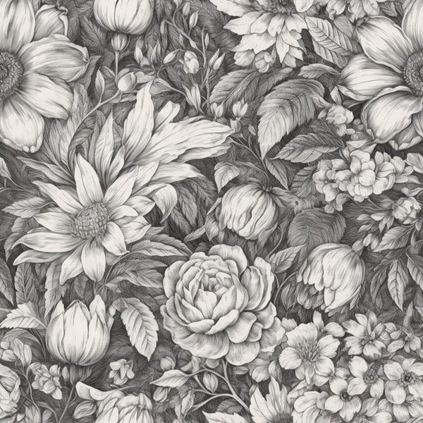 black and white, grayscale, monochrome, floral, botanical, roses, peonies, dahlias, sunflowers, tulips, nature, garden, vintage, elegant, traditional, romantic, detailed, intricate, leaf motifs, foliage, spring, summer, classic, timeless, nursery, baby, cottage core, botanical illustration, ornamental, dense pattern