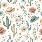 western floral, cowboy hat, cactus, desert theme, wildflowers, daisy, cosmos flowers, dusty rose, cream, sage green, teal blue, burnt orange, gold accents, botanical, nature-inspired, rustic, bohemian, whimsical, wildflower meadow, southwestern, stars, decorative elements, kids room, playroom, nursery, gender neutral, spring, summer, boho chic, vintage western