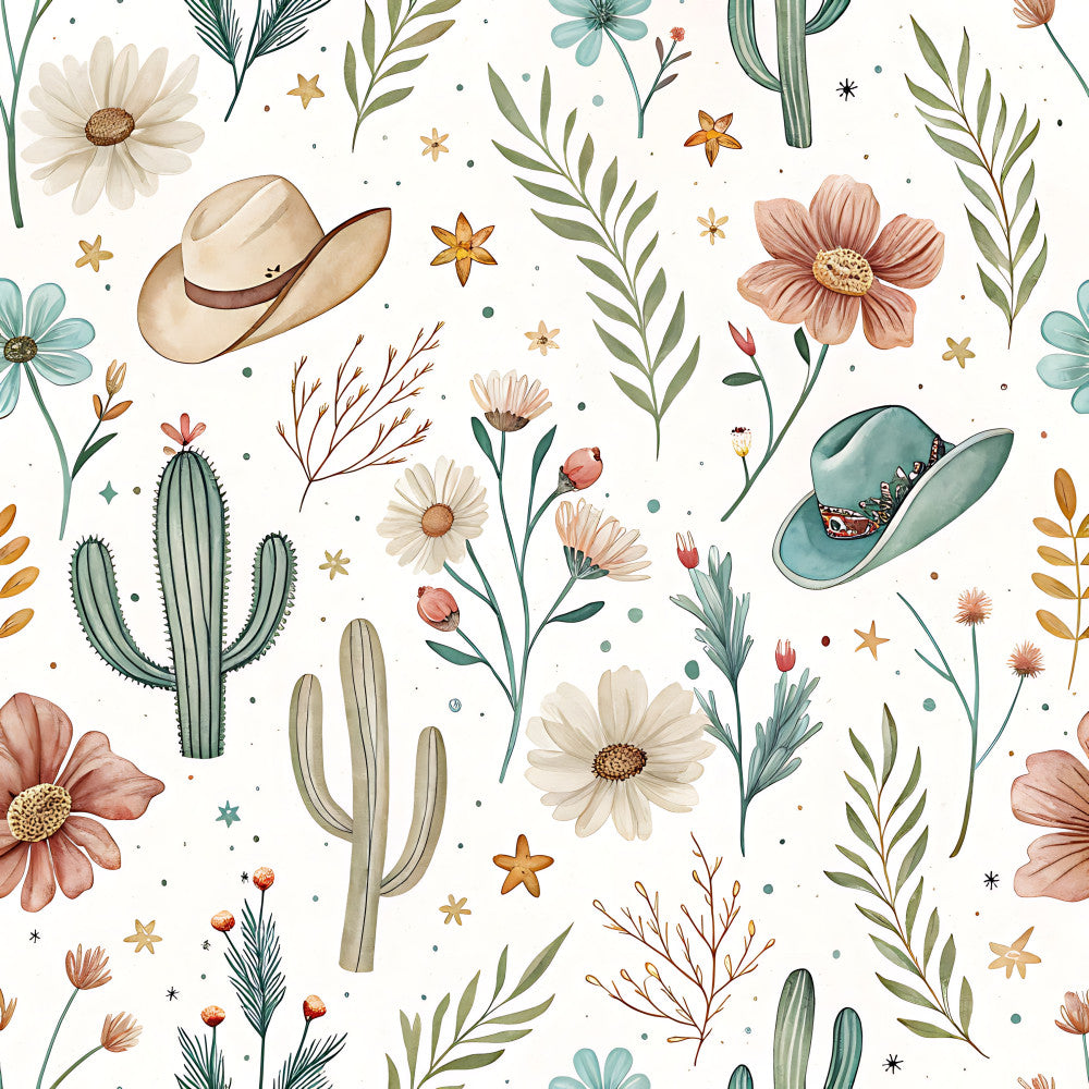 western floral, cowboy hat, cactus, desert theme, wildflowers, daisy, cosmos flowers, dusty rose, cream, sage green, teal blue, burnt orange, gold accents, botanical, nature-inspired, rustic, bohemian, whimsical, wildflower meadow, southwestern, stars, decorative elements, kids room, playroom, nursery, gender neutral, spring, summer, boho chic, vintage western