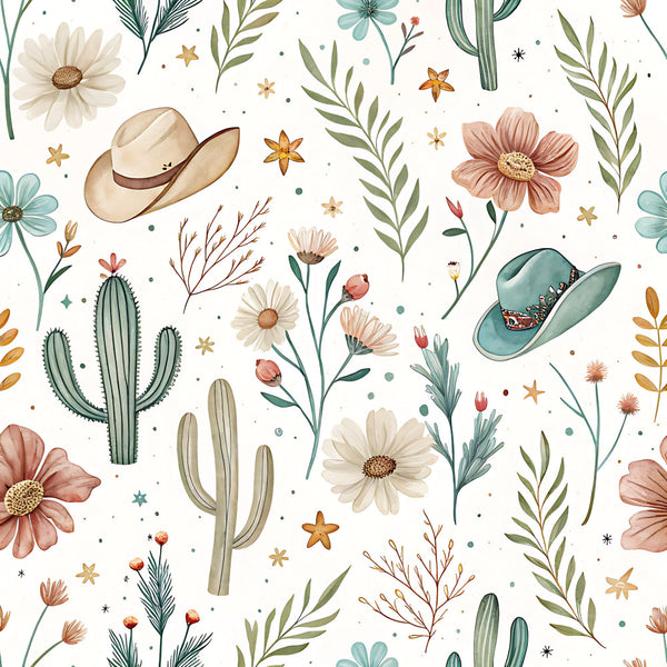 western floral, cowboy hat, cactus, desert theme, wildflowers, daisy, cosmos flowers, dusty rose, cream, sage green, teal blue, burnt orange, gold accents, botanical, nature-inspired, rustic, bohemian, whimsical, wildflower meadow, southwestern, stars, decorative elements, kids room, playroom, nursery, gender neutral, spring, summer, boho chic, vintage western