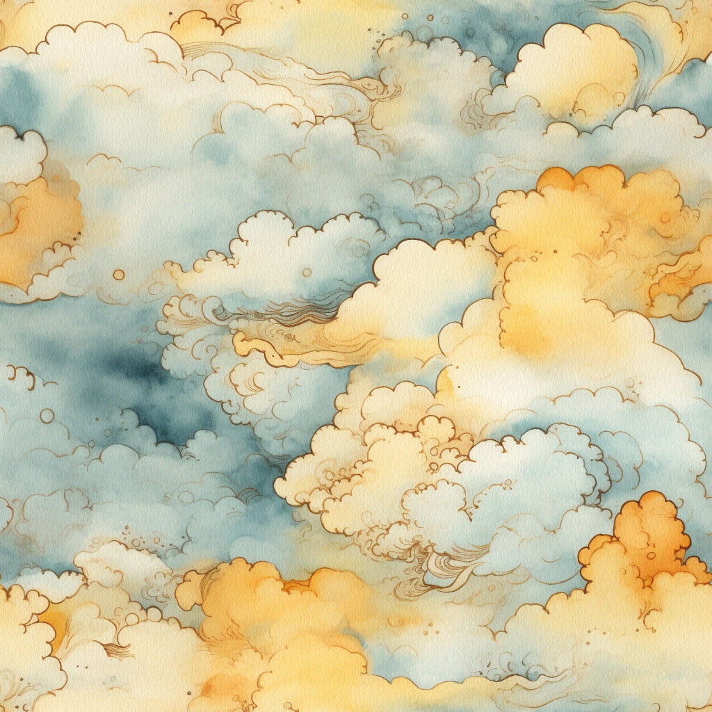 sunset colors, golden yellow, soft blue, cream white, orange hues, cloud formations, sky pattern, watercolor style, dreamy atmosphere,, fabric panel, celestial theme, flowing clouds, warm tones, serene mood, nature inspired, atmospheric design, soft gradients, peaceful sky, cotton fabric