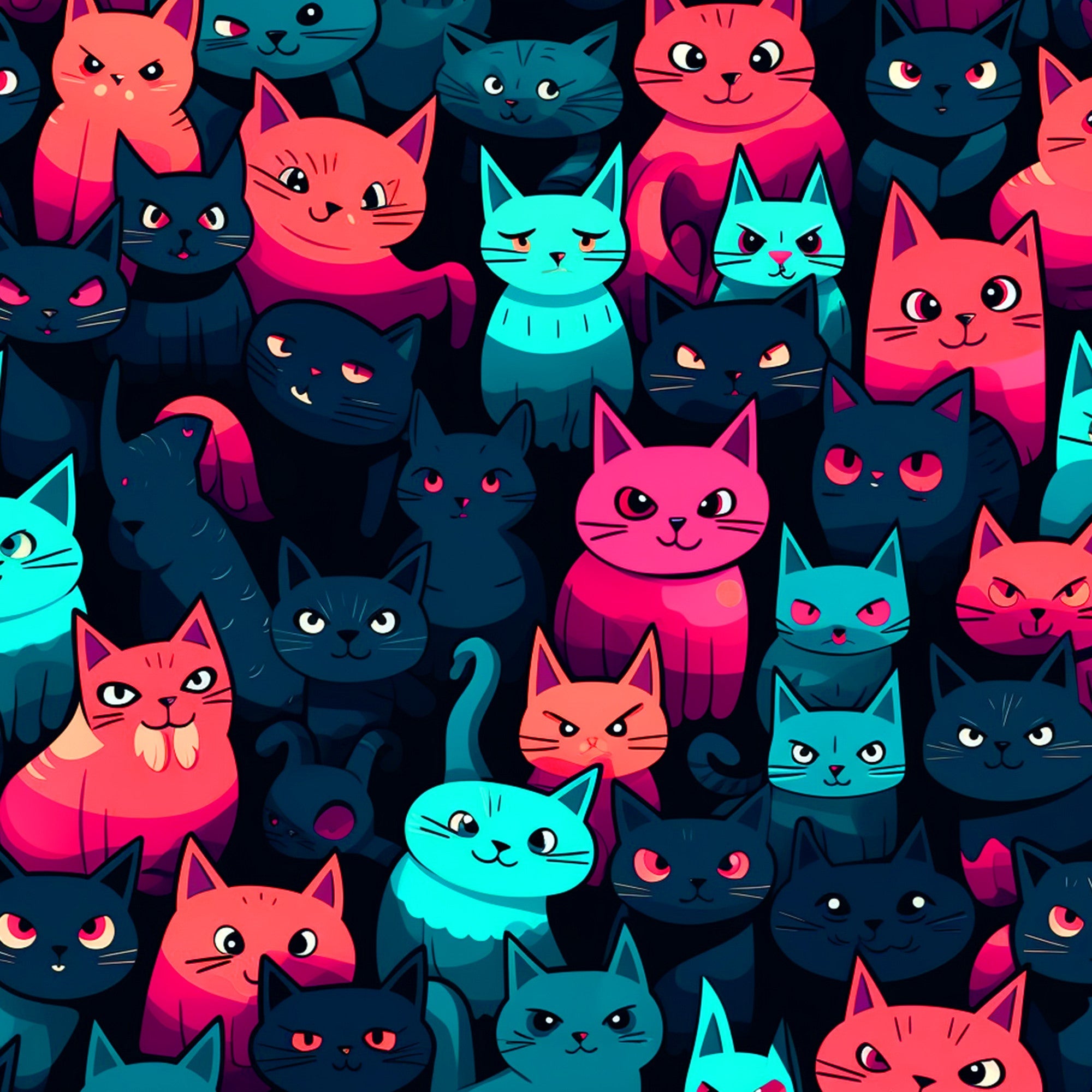 cats, suspicious expression, neon pink, teal, turquoise, navy blue, dark blue, coral pink, geometric cats, stylized animals, modern illustration, contemporary art,, fabric panel, repetitive pattern, feline faces, bright colors, pop art style, cartoon cats, vibrant design