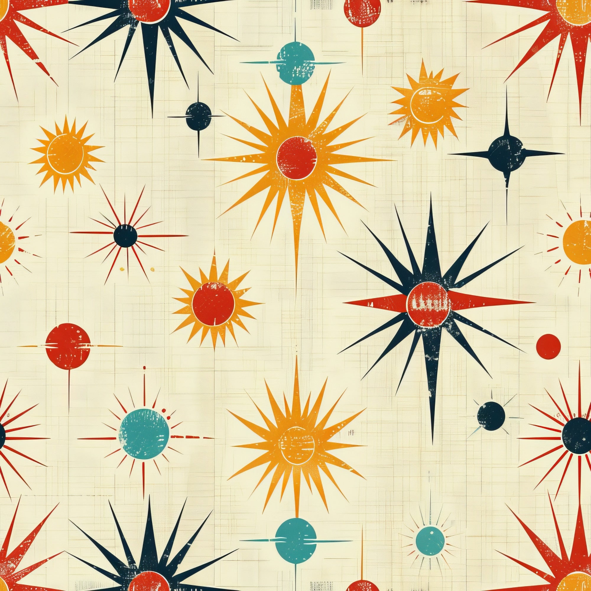 retro starburst, mid-century modern, atomic age, sunburst pattern, orange, red, teal, navy blue, cream background, radiating lines, geometric shapes, vintage style,, fabric panel, 1950s inspired, modernist design, celestial motifs, textured appearance, repeating pattern, crafting material