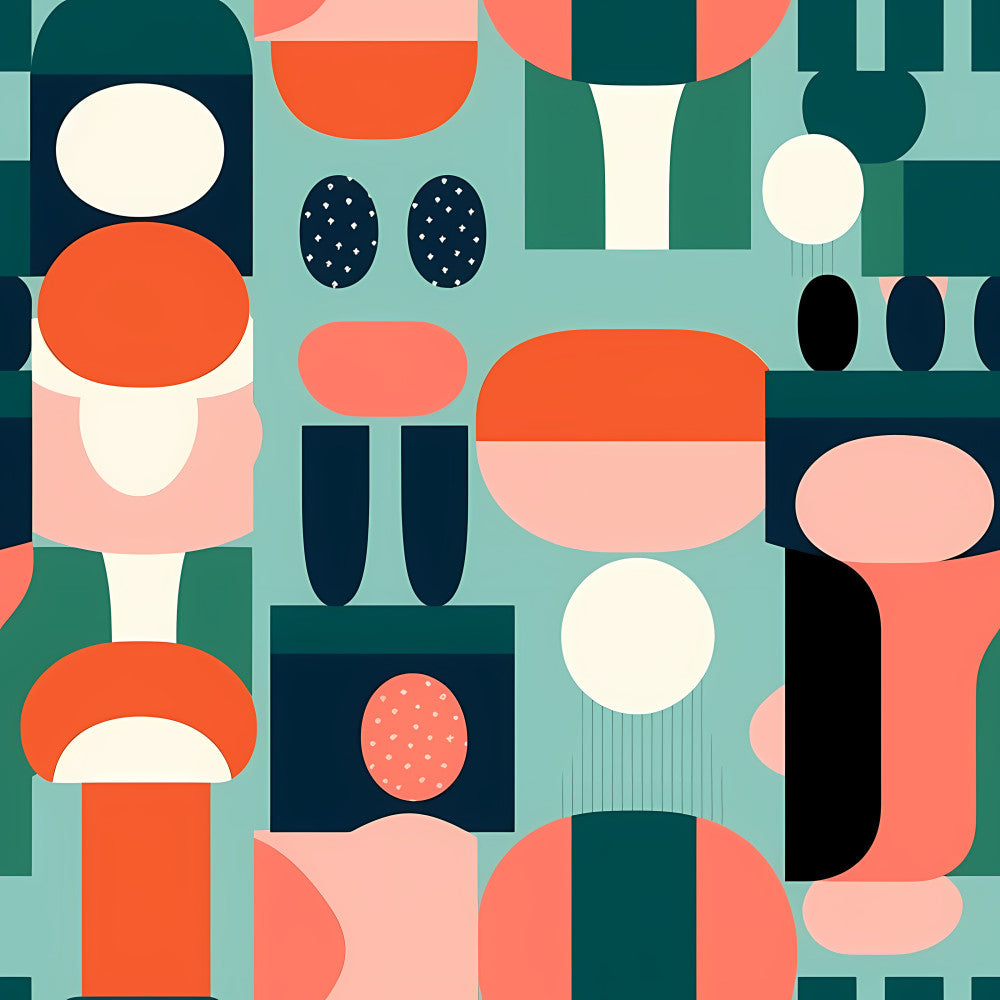 coral orange, navy blue, forest green, mint green, cream white, dusty rose, geometric, abstract, modern, contemporary, mid-century modern, retro, vintage, circles, ovals, dots, polka dots, color blocking, minimalist, playroom, kids room, nursery, whimsical, bold graphic, contemporary art, rounded shapes, organic forms, cheerful, vibrant, aesthetic design