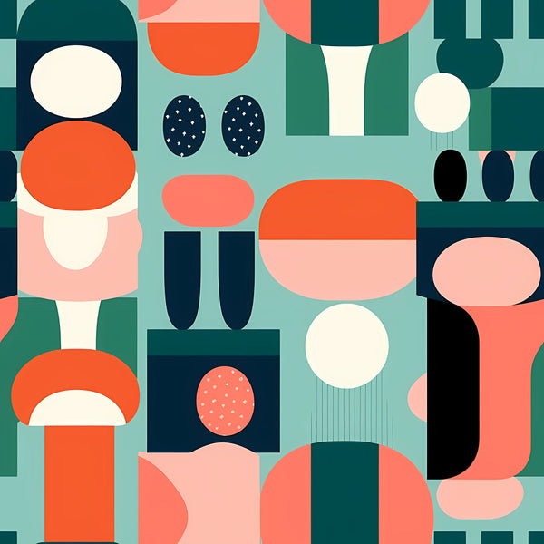 coral orange, navy blue, forest green, mint green, cream white, dusty rose, geometric, abstract, modern, contemporary, mid-century modern, retro, vintage, circles, ovals, dots, polka dots, color blocking, minimalist, playroom, kids room, nursery, whimsical, bold graphic, contemporary art, rounded shapes, organic forms, cheerful, vibrant, aesthetic design