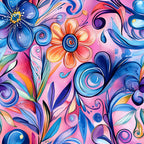 vibrant pink, electric blue, coral orange, purple accents, abstract florals, swirling patterns, decorative flowers, whimsical blooms, flowing spirals, watercolor style, artistic design,, fabric panel, contemporary art, psychedelic motifs, gradient colors, organic shapes, modern floral, crafting material