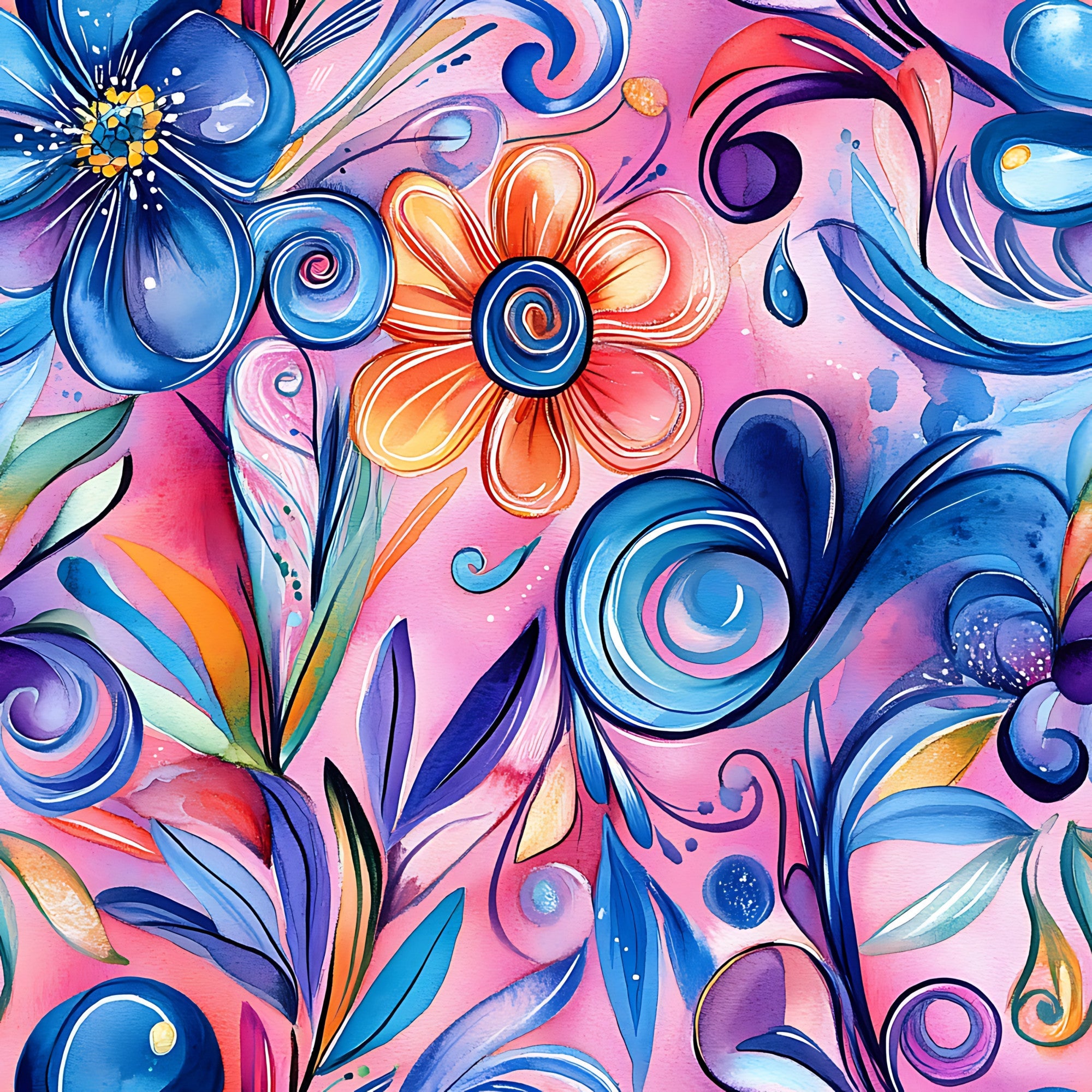 vibrant pink, electric blue, coral orange, purple accents, abstract florals, swirling patterns, decorative flowers, whimsical blooms, flowing spirals, watercolor style, artistic design,, fabric panel, contemporary art, psychedelic motifs, gradient colors, organic shapes, modern floral, crafting material