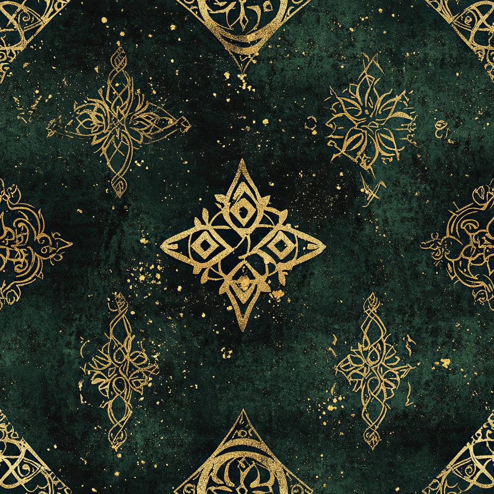 forest green, gold, deep teal, metallic gold, geometric patterns, ornamental design, mandala, floral motifs, paisley, elegant, luxurious, damask, intricate, vintage, bohemian, celestial, mystical, star patterns, diamond shapes, symmetrical, ornate, sophisticated, traditional, royal, jewel tones, distressed texture, artistic, decorative, medallion design