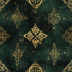 forest green, gold, deep teal, metallic gold, geometric patterns, ornamental design, mandala, floral motifs, paisley, elegant, luxurious, damask, intricate, vintage, bohemian, celestial, mystical, star patterns, diamond shapes, symmetrical, ornate, sophisticated, traditional, royal, jewel tones, distressed texture, artistic, decorative, medallion design