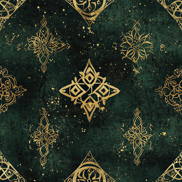 forest green, gold, deep teal, metallic gold, geometric patterns, ornamental design, mandala, floral motifs, paisley, elegant, luxurious, damask, intricate, vintage, bohemian, celestial, mystical, star patterns, diamond shapes, symmetrical, ornate, sophisticated, traditional, royal, jewel tones, distressed texture, artistic, decorative, medallion design