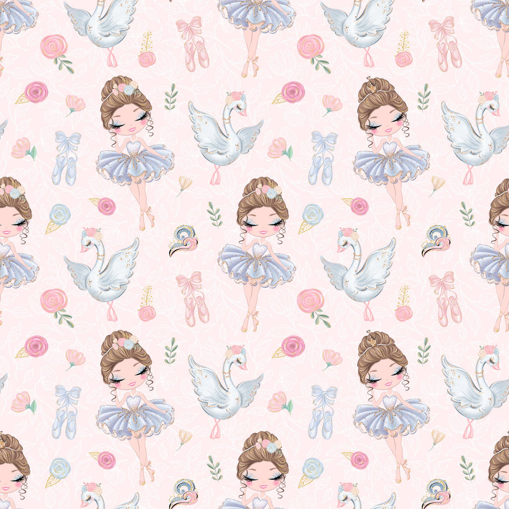 pink background, ballerina girls, blue tutus, white swans, ballet slippers, floral roses, watercolor style, whimsical illustration, pastel colors,, fabric panel, dance theme, feminine design, cute characters, repeating pattern, soft pink, powder blue, delicate florals, ballet motifs, children's fabric