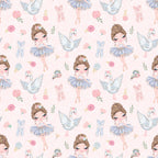 pink background, ballerina girls, blue tutus, white swans, ballet slippers, floral roses, watercolor style, whimsical illustration, pastel colors,, fabric panel, dance theme, feminine design, cute characters, repeating pattern, soft pink, powder blue, delicate florals, ballet motifs, children's fabric