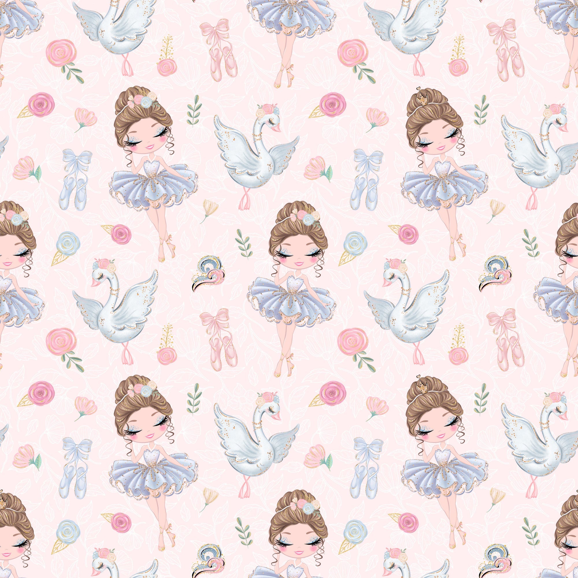 pink background, ballerina girls, blue tutus, white swans, ballet slippers, floral roses, watercolor style, whimsical illustration, pastel colors,, fabric panel, dance theme, feminine design, cute characters, repeating pattern, soft pink, powder blue, delicate florals, ballet motifs, children's fabric
