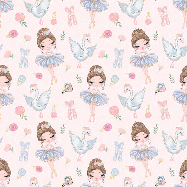 pink background, ballerina girls, blue tutus, white swans, ballet slippers, floral roses, watercolor style, whimsical illustration, pastel colors,, fabric panel, dance theme, feminine design, cute characters, repeating pattern, soft pink, powder blue, delicate florals, ballet motifs, children's fabric