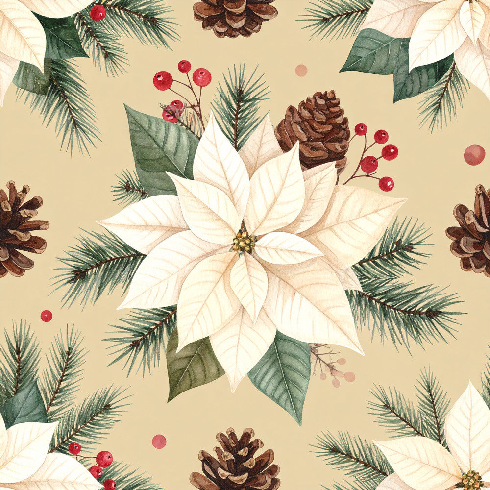 cream poinsettia, white poinsettia, forest green, dusty rose, burgundy, tan, beige, evergreen branches, pine needles, pinecones, red berries, holly berries, christmas floral, holiday botanical, winter florals, festive, elegant, traditional, botanical, nature, seasonal, christmas, winter, holiday decor, vintage botanical, farmhouse style, natural elements, decorative accents