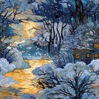 winter scene,, fabric panel, navy blue, golden yellow, cream white, swirling patterns, snow covered, bare trees, cozy cottage, warm windows, glowing lights, peaceful evening, whimsical style, flowing lines, seasonal fabric, dawn sky, snowy landscape, artistic swirls, winter cottage