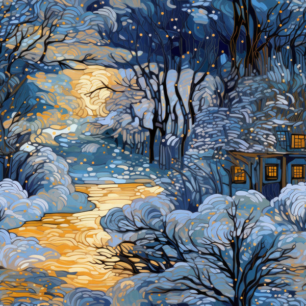 winter scene,, fabric panel, navy blue, golden yellow, cream white, swirling patterns, snow covered, bare trees, cozy cottage, warm windows, glowing lights, peaceful evening, whimsical style, flowing lines, seasonal fabric, dawn sky, snowy landscape, artistic swirls, winter cottage