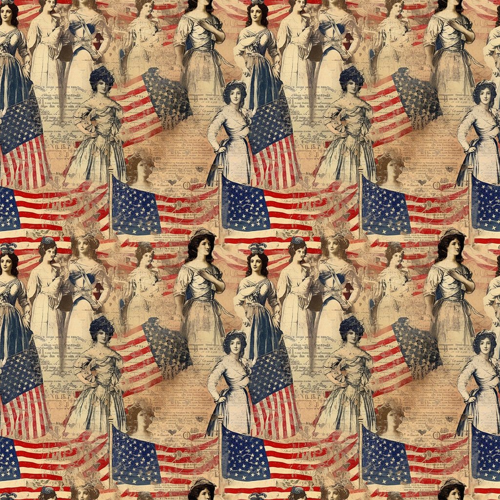 americana, vintage style, patriotic, red white blue, american flags, women figures, historical ladies, sepia tones, aged appearance, distressed look,, fabric panel, stars and stripes, colonial style, heritage theme, nostalgic imagery, antique aesthetic, repeating pattern, craft fabric, sewing material