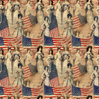 americana, vintage style, patriotic, red white blue, american flags, women figures, historical ladies, sepia tones, aged appearance, distressed look,, fabric panel, stars and stripes, colonial style, heritage theme, nostalgic imagery, antique aesthetic, repeating pattern, craft fabric, sewing material