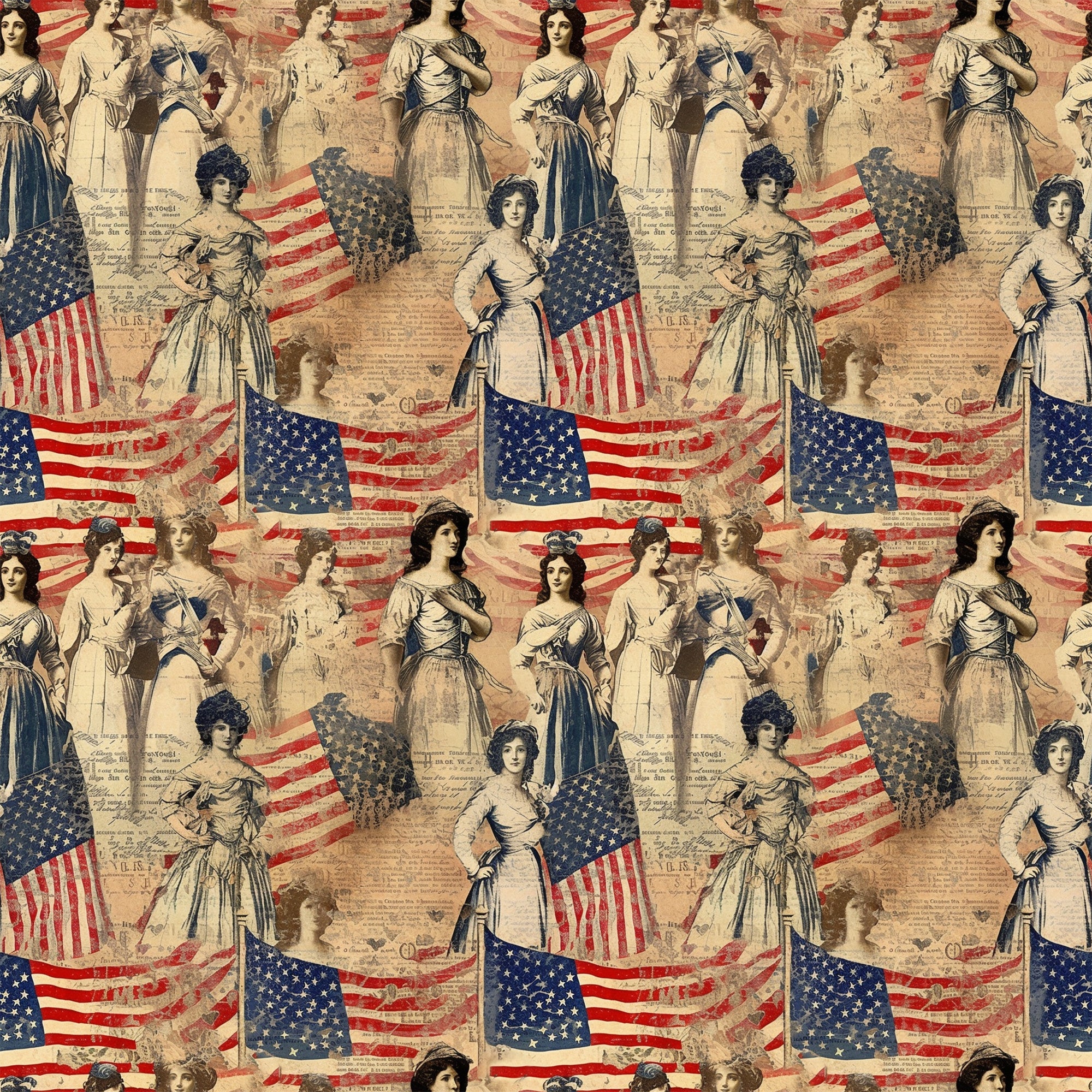 americana, vintage style, patriotic, red white blue, american flags, women figures, historical ladies, sepia tones, aged appearance, distressed look,, fabric panel, stars and stripes, colonial style, heritage theme, nostalgic imagery, antique aesthetic, repeating pattern, craft fabric, sewing material