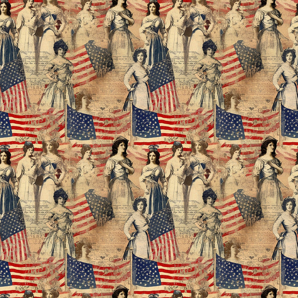 americana, vintage style, patriotic, red white blue, american flags, women figures, historical ladies, sepia tones, aged appearance, distressed look,, fabric panel, stars and stripes, colonial style, heritage theme, nostalgic imagery, antique aesthetic, repeating pattern, craft fabric, sewing material
