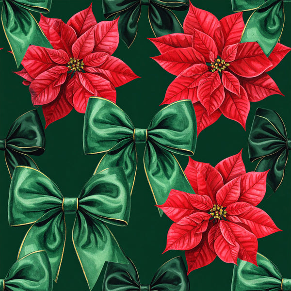 red poinsettia, forest green, emerald green, christmas, holiday, festive, poinsettia flowers, velvet bows, ribbon bows, gold accents, floral, botanical, traditional, elegant, seasonal, winter, decorative, nature-inspired, red and green, holiday decor, christmas florals, botanical print, rich colors, luxurious, classic christmas, festive design, celebratory