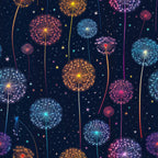 midnight blue, navy background, dandelions, fireworks, colorful bursts, orange sparks, pink explosions, blue starbursts, purple blooms, teal accents, stars scattered, night sky, whimsical pattern, magical design,, fabric panel, celestial theme, dreamy atmosphere, botanical motifs, festive explosions