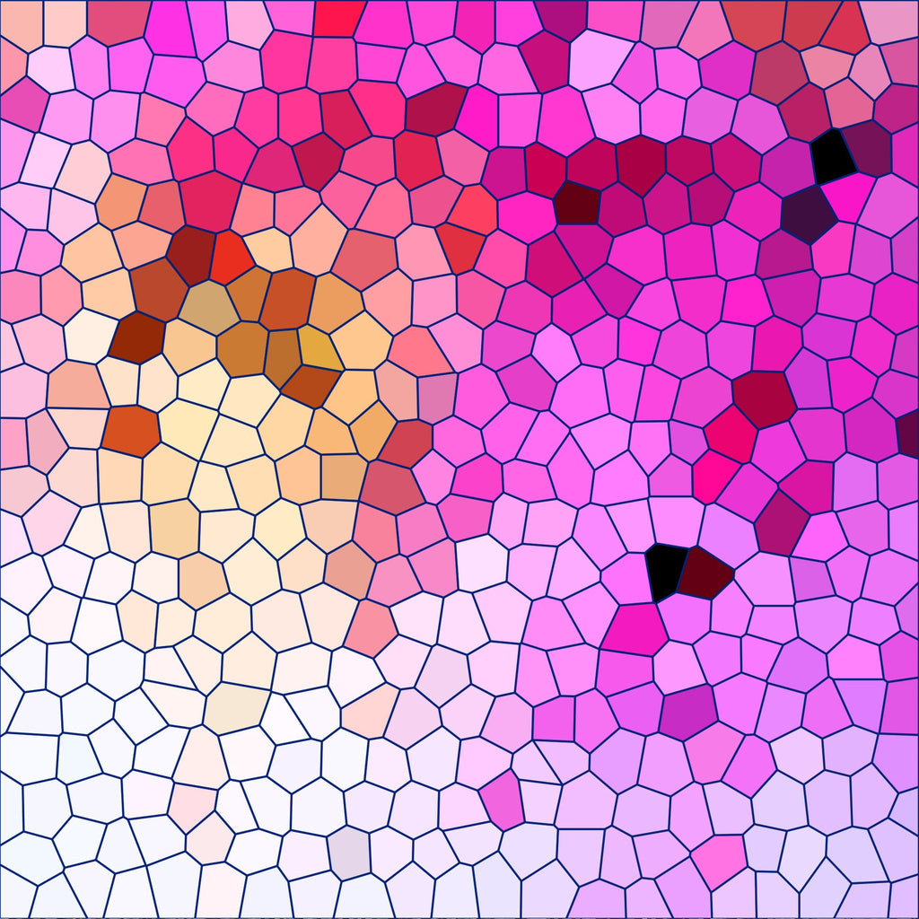 mosaic pattern, stained glass, geometric polygons, pink tones, magenta, fuchsia, coral, peach, cream, white, brown accents, black details,, fabric panel, abstract design, tessellation, vibrant colors, romantic palette, contemporary art, crafting material