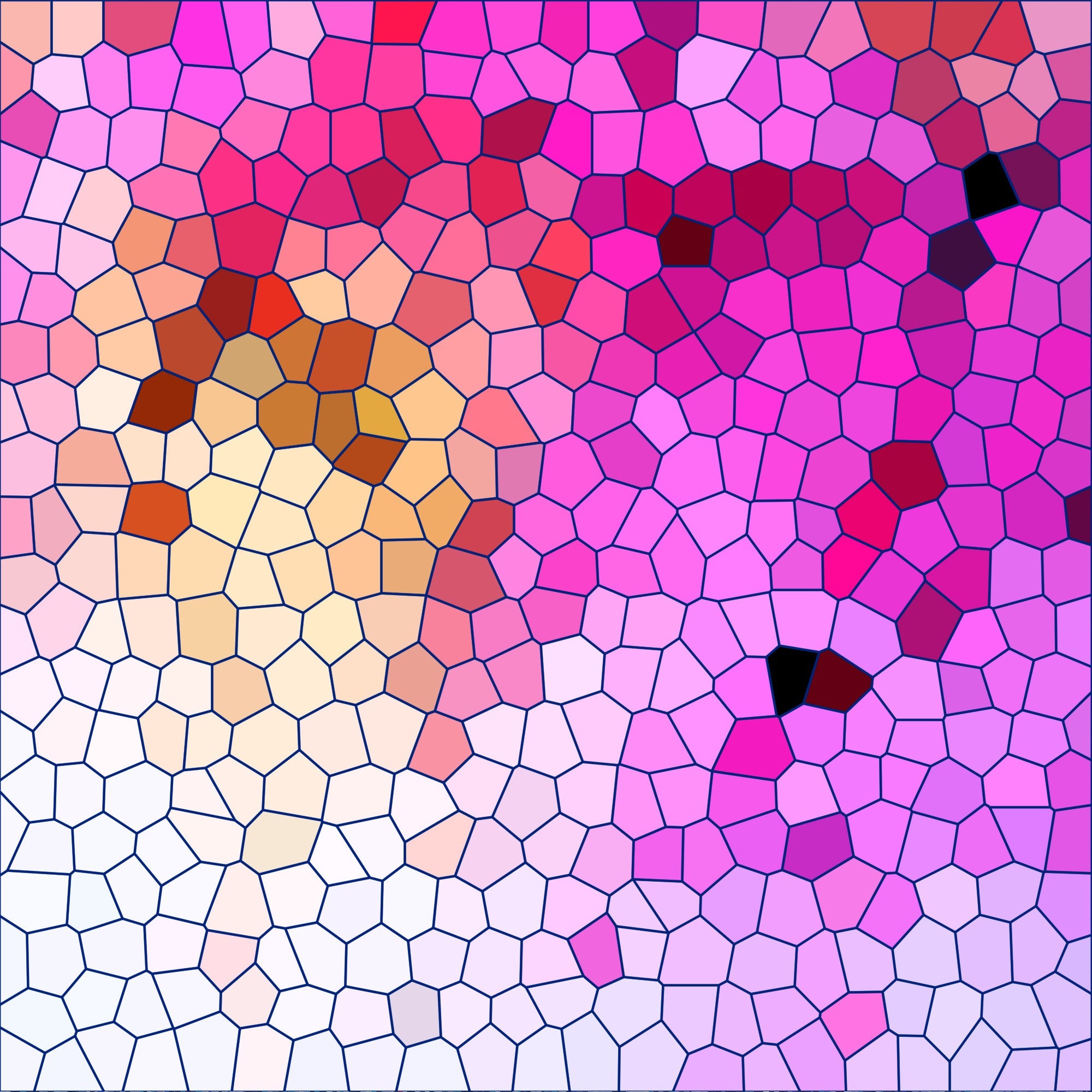mosaic pattern, stained glass, geometric polygons, pink tones, magenta, fuchsia, coral, peach, cream, white, brown accents, black details,, fabric panel, abstract design, tessellation, vibrant colors, romantic palette, contemporary art, crafting material