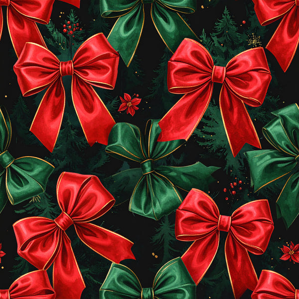 red bows, green bows, gold accents, forest green, crimson red, holiday, christmas, festive, elegant, traditional, evergreen, poinsettia, ribbon, luxe, formal, winter, decorative bows, gold trim, dark background, sophisticated, classic, seasonal, celebration, gift wrap inspired, dark aesthetic, velvet texture appearance, bow motifs, metallic details