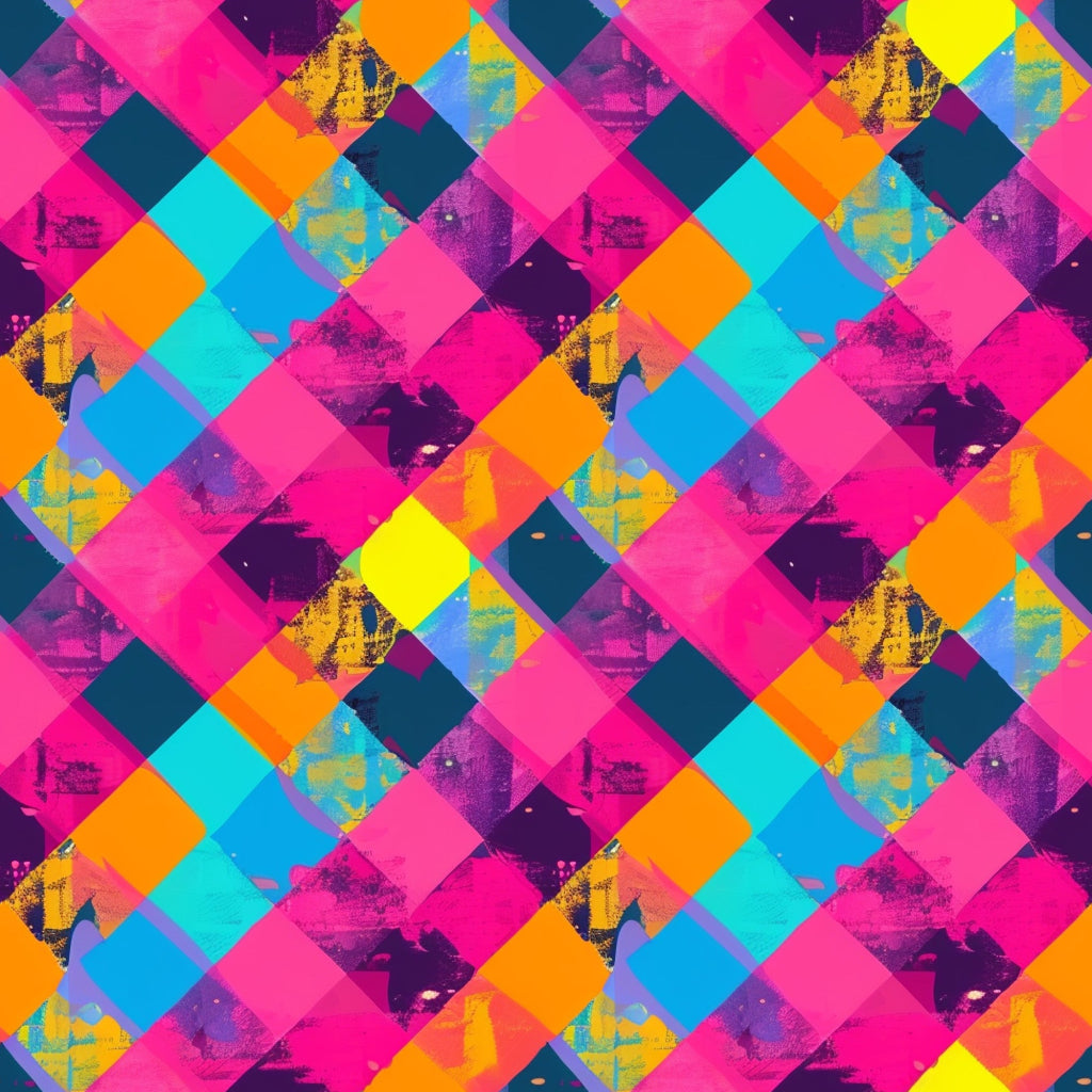 neon colors, hot pink, electric blue, bright orange, cyan, yellow, purple, geometric pattern, diamond shapes, gingham style, overlapping squares, vibrant hues, modern design, contemporary art,, fabric panel, retro aesthetic, pop art style, fluorescent tones, abstract geometric