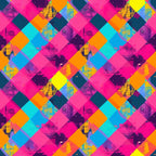 neon colors, hot pink, electric blue, bright orange, cyan, yellow, purple, geometric pattern, diamond shapes, gingham style, overlapping squares, vibrant hues, modern design, contemporary art,, fabric panel, retro aesthetic, pop art style, fluorescent tones, abstract geometric