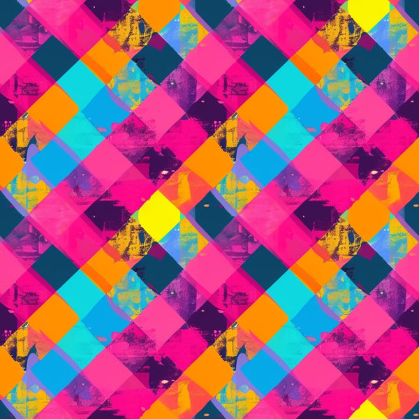 neon colors, hot pink, electric blue, bright orange, cyan, yellow, purple, geometric pattern, diamond shapes, gingham style, overlapping squares, vibrant hues, modern design, contemporary art,, fabric panel, retro aesthetic, pop art style, fluorescent tones, abstract geometric