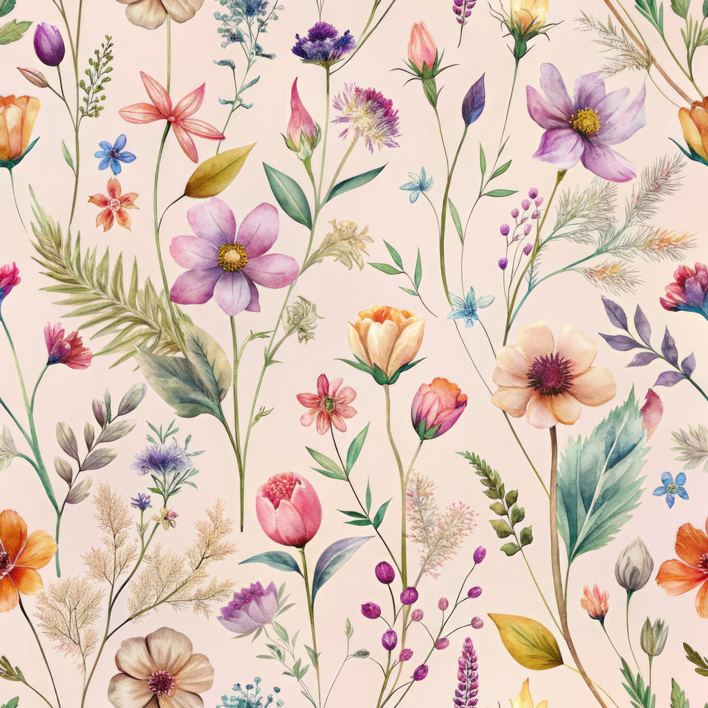 pink background, purple flowers, orange blooms, wildflower pattern, botanical design, delicate stems, watercolor style,, fabric panel, floral motif, nature inspired, soft pastels, meadow flowers, whimsical blooms, crafting material, sewing fabric, garden florals, artistic florals, spring flowers
