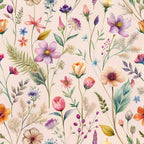 pink background, purple flowers, orange blooms, wildflower pattern, botanical design, delicate stems, watercolor style,, fabric panel, floral motif, nature inspired, soft pastels, meadow flowers, whimsical blooms, crafting material, sewing fabric, garden florals, artistic florals, spring flowers