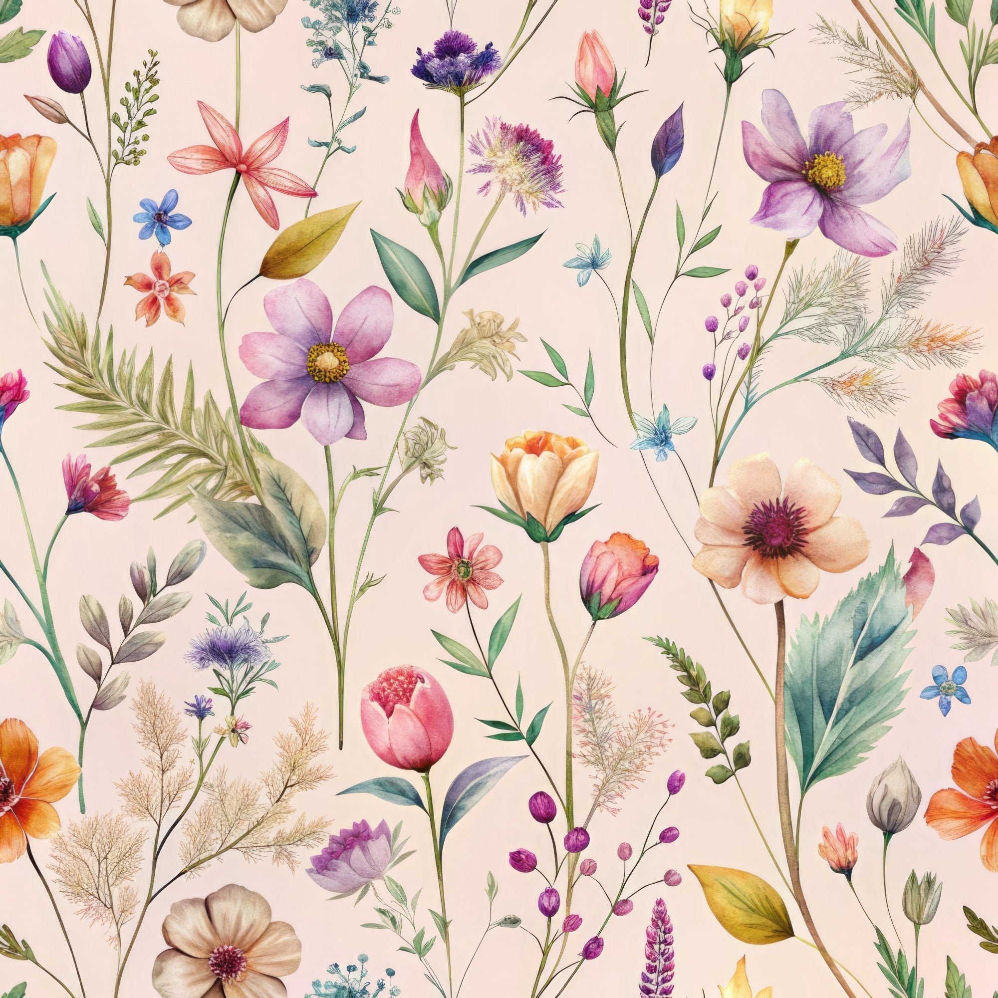 pink background, purple flowers, orange blooms, wildflower pattern, botanical design, delicate stems, watercolor style,, fabric panel, floral motif, nature inspired, soft pastels, meadow flowers, whimsical blooms, crafting material, sewing fabric, garden florals, artistic florals, spring flowers