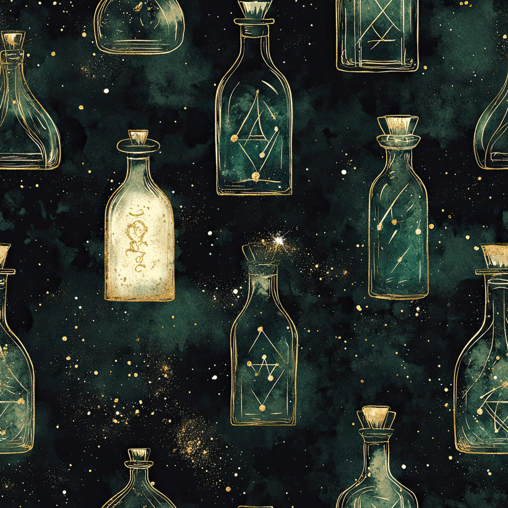 forest green, deep teal, dark green, gold, cream, ivory, celestial, mystical, magical, potion bottles, apothecary, witchy, occult, alchemy, stars, constellation, night sky, elegant, whimsical, bohemian, vintage, magical creatures, moon phases, enchanted, spell bottles, dark academia, gothic, sophisticated, moody, dreamy