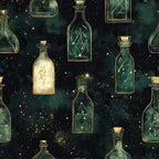 forest green, deep teal, dark green, gold, cream, ivory, celestial, mystical, magical, potion bottles, apothecary, witchy, occult, alchemy, stars, constellation, night sky, elegant, whimsical, bohemian, vintage, magical creatures, moon phases, enchanted, spell bottles, dark academia, gothic, sophisticated, moody, dreamy