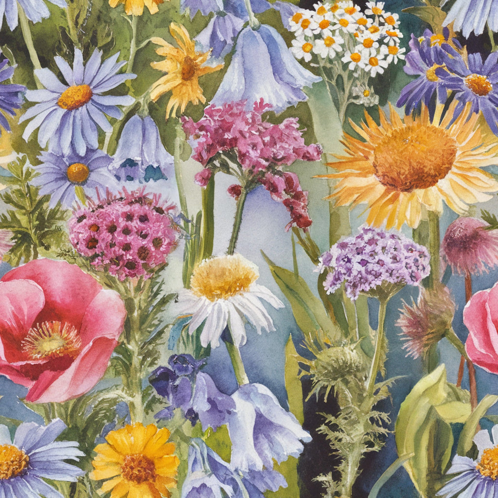 wildflowers, botanical illustration, watercolor style, purple blooms, orange daisies, pink poppies, white flowers, lavender petals, yellow centers, nature pattern, floral medley, spring flowers, summer blooms,, fabric panel, realistic florals, garden flowers, soft pastels, vibrant colors, meadow scene