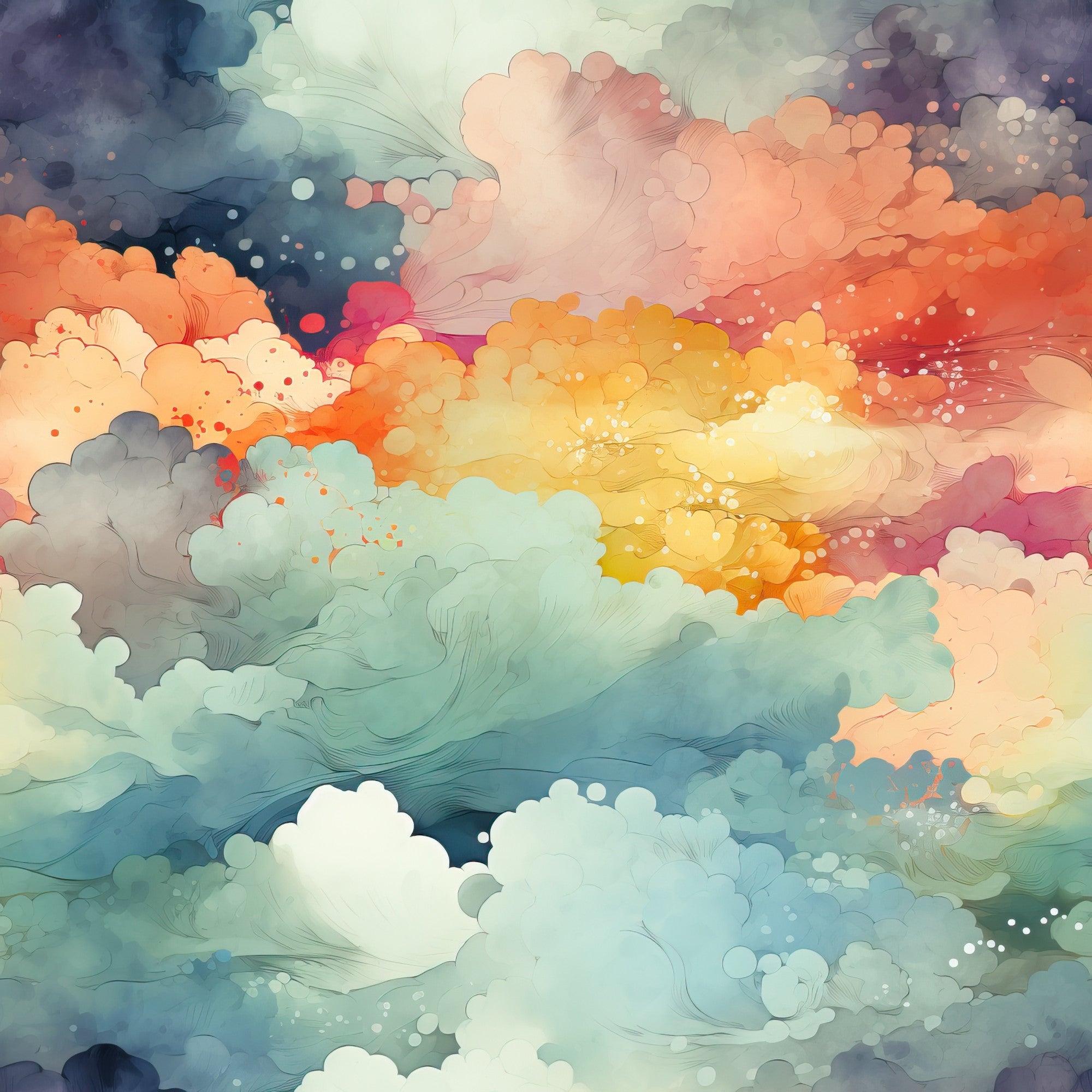 watercolor clouds, dreamy sky, sunset colors, coral pink, teal blue, golden yellow, peach orange, sage green, lavender purple, cream white, abstract painting, soft brushstrokes, ethereal atmosphere, cotton fabric, quilting panel, flowing design, whimsical clouds, artistic sky, pastel tones, celestial theme